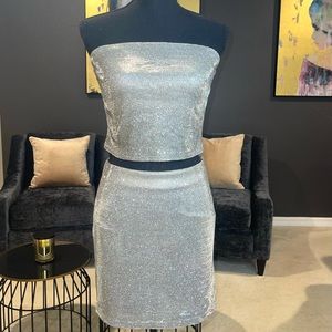 Two piece shimmer strap-less top skirt set